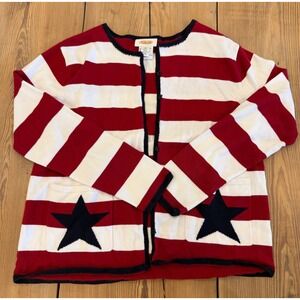 Vintage Talbots Red White Striped Cardigan Sweater Women's M Star‎ Pockets